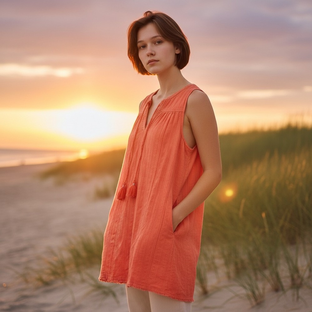 Tommy Bahama Mykonos Coverup Shift Dress Size L Coral Cotton Tassel Coastal Chic